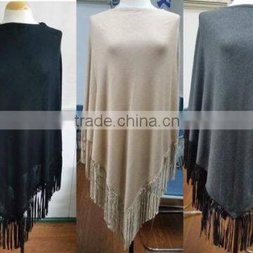 15PKCSP1A leather fringe knitted cashmere wool poncho sweater
