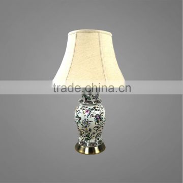 Antique Brass Metal Base And Ceramic Body Printing Flower With Fabric Lampshade Vintage Style Bedside Table Lamp