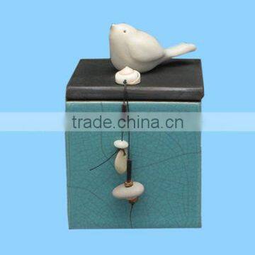 Turquoise handmade ceramic jewelry treasure box with bird
