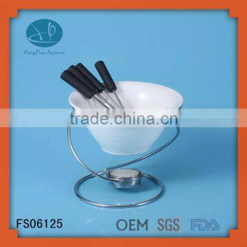 cheese tool ceramic White Porcelain fondue pot with Iron/metal Stand