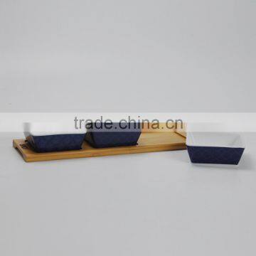 Set of 3 Square Snack Plate With Wooden Tray, Porcelain With Decal Priting photo-2