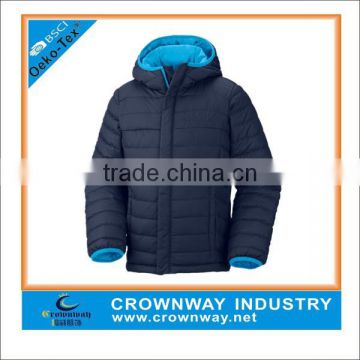 Navy Blue Hooded Lightweight Mens Goose Down Jacket with Contrast Lining