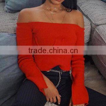 Runwaylover 125 Europe Style 2017 Ladies Sexy Off-Shoulder Knitted Flare Sleeve Blouse photo-6