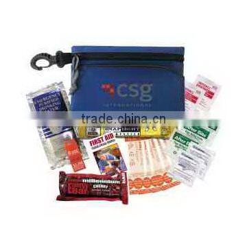 Survival Kit - has food bar, water, lightstick, whistle, bandages, antiseptic swabs and comes with your logo