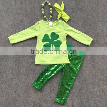 2016 new baby St.Martin's day theme St.Patrick green outfit girls Spring suit sequins pants with matching accessories