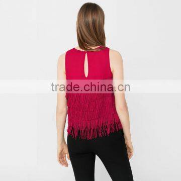 Red Sleeveless Blouses With Tassels 2018 Womens Fringed Tops photo-4
