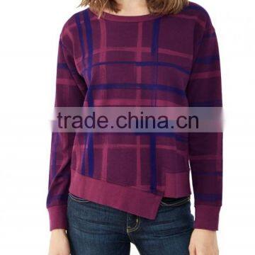 Newly Designed Purple Plead Eco-Micro Fleece Crew Sweatshirt With Irregular Hem for Women photo-2