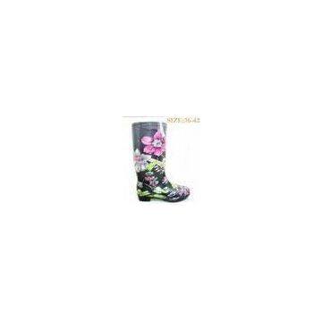 Flat Knee Black Womens Rain Boot , Floral Size 9 Patterned 27.4cm Sole