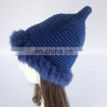 Solid color lady fashion crochet hat with rabbit fur knitted winter hats