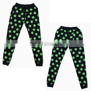 Black Elastic Waist Casual Trousers with Green Maple Leaves Patterns