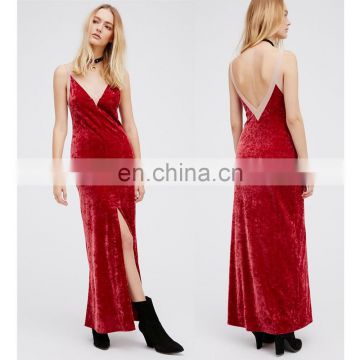 Fashion design V neck back bare velvet maxi dress woman