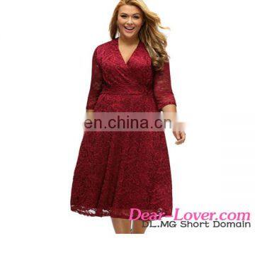 Fashion 2017 Fat Ladies Burgundy Plus Size Surplice Lace Sexy Plus Size Dresses