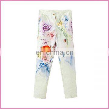 elegant printed flower elastic fabric pants leg with zipper gold button