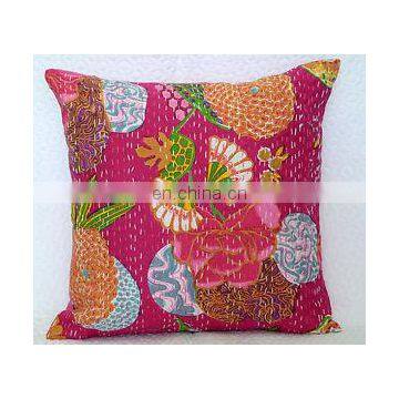 Pink Kantha Cushion Pillow Cover Handmade Embroidery Work Throw 16" Indian floral Printed Home Decorative Traditional ethnic art