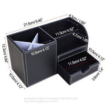 Wooden Struction Leather Multi-function Desk Stationery Organizer Storage Box Pen/Pencil,Cell Phone, Business Name Cards Remote Control Holder With Small Drawer Black photo-5