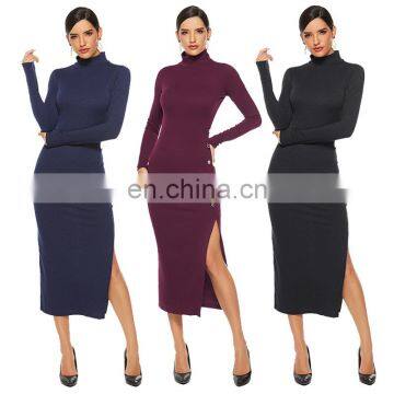 Sexy Sweater Dress Long Sleeve Stretch Hot Sale Women's Solid Color Side Split Slim Knit Dress