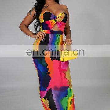 2020 Women Floral Print Long Casual Dresses Ladies Sleeveless Off Shoulder Printed Dresses Women Summer Casual Dresses photo-6