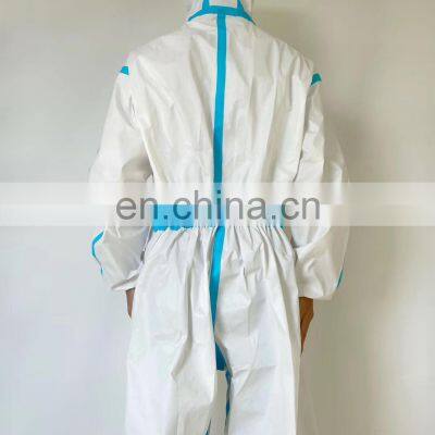 CE EN 14126 14605 13034 13982 Protective Clothing White Coverall Suit With Blue Tape photo-2