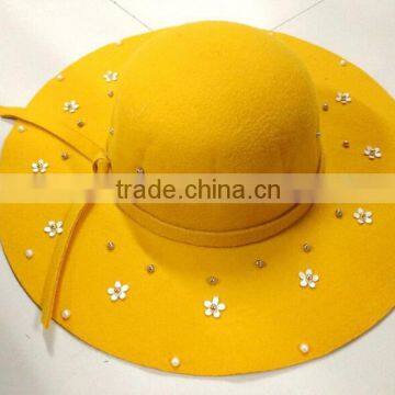 Fashion Women Flower Pearl Beaded Large Brim Trilby Fedora Hats With Ribbon