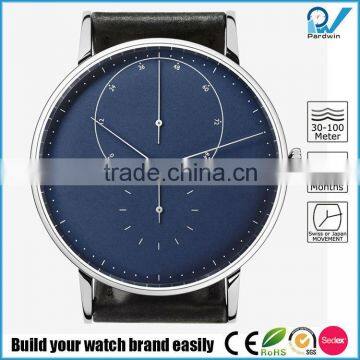 PVD Silver blue dial automatic watch stainless steel case watch with genuine leather strap watch