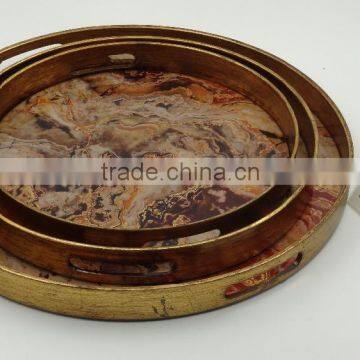 Decorative Golden Painted Round Wooden Mirror Tray with Print Picture