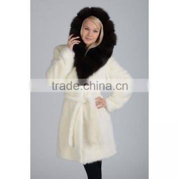 emk1447 white mink fur coat with belt and black hood