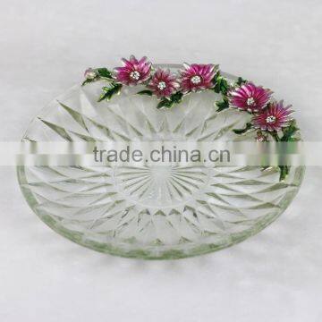 Handmade enamel flower glass round plate 25.5CM