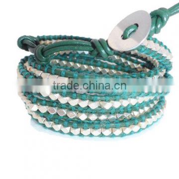 Dark Green Leather Wrap Bracelet with Silver Plated nugget beads