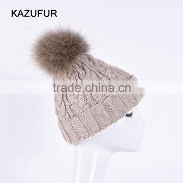 Beige color Big Fur Balls Winter Crochet Beanie Hats /Wool Beanie Hats KZ160075
