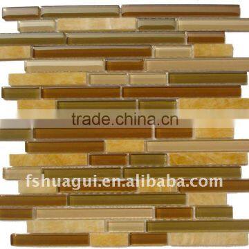 HG-CDT002 Brown strip crystal glass mix Rosin Yellow marble mosaic hotel loby backsplash interior wall tiles