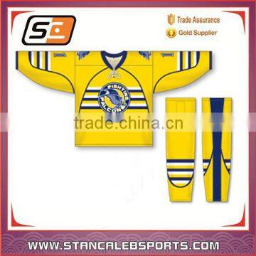 Stan Caleb 2016 High Quality sublimation printing custom ice hockey uniforms yellow hockey jersey