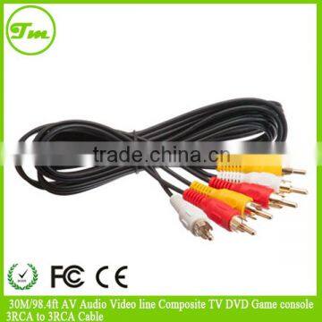 30M/98.4ft AV Audio Video line Composite TV DVD Game console 3RCA to 3RCA Cable