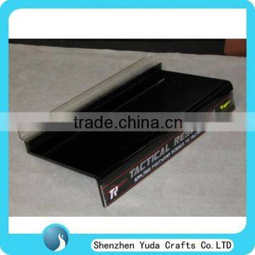 POP black slatwall display wholesale, acrylic shoes display shelves with screen-printing logo