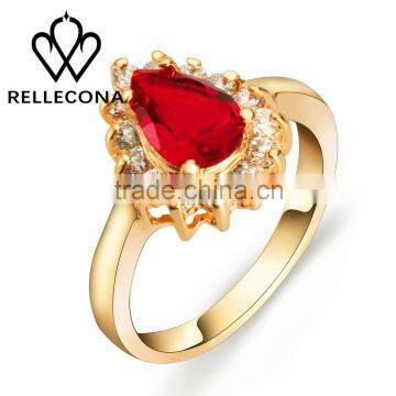 Women's 18k gold plated brass engagament ring , Big red ruby oval cz ring