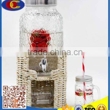 Glass Water Bottle Beverage Dispenser ice bucket with woven stand 6L