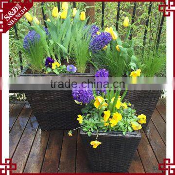 S&D rattan plaited articles flowerpot , hand woven square brown set of 3 garden flower pots , plastic outfoor gardening pots