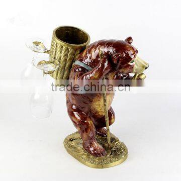 Lovely Ceramic Bear Carring Bronze Basket Decorative Wine Bottle & Glasses Holder, Imitated Porcelain Bear With Brass Wine Rack photo-2