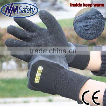 NMSAFETY 13G black nylon and 7g nappy acrylic dipping latex foam winter gloves/thermal gloves