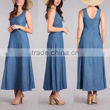 Denim one piece dress Patterns Women Sleeveless Midi denim dress muslim