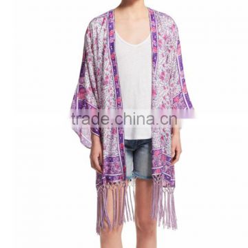 Digital Print Flower Fringe Kimono Women