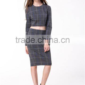 2017 New Arrival Grey Plaid Crop and High Waist Skirt Co-ord Set photo-6