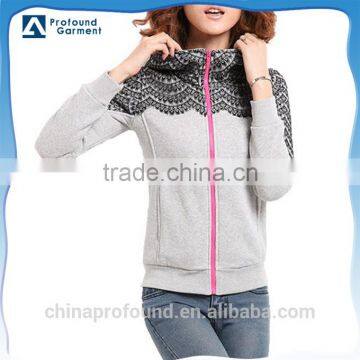 wholesale custom designs fashion sportswear zipper up women hoodies sweatshirt with lace decoration winter warm hoody