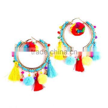 Bohemian Colorful Tassel With Pompon Hoop Earrings for Women Jewelry photo-5