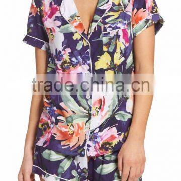 Custom Floral Print Women Short Pajamas Pyjama Set White Piping Short Sleeve Top With Shorts PJ Set photo-3