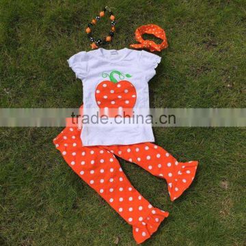 Short sleeves Halloween girls pumpkin print pant ruffle kids boutique outfits girls suit with matching necklace and headband