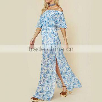 Peony Blue Floral Mumu Dresses 2018 Womans off Shoulder Maxi Dress photo-6