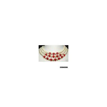 Sell Three Row Red Coral and Freshwater Pearl Necklace