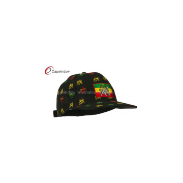 Acrylic Velcrorized Strap Closure Snapback Baseball Cap , Black Rasta Lion Print Flat Bill Cap