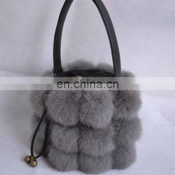 Fancy genuine rabbit fur balls handbag for girl fashion fur bobbles bag