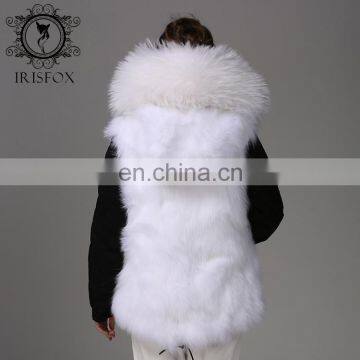 Fashion Women Black Jacket With Raccoon Collar And White Fox Fur Coat photo-6